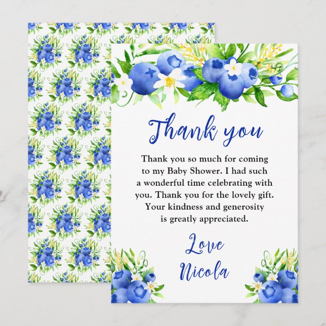 Carte De Remerciements Blueberry Floral Baby Shower (Devant / Derrière)