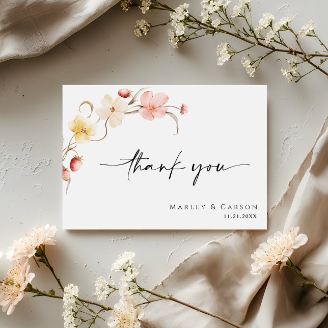 Carte De Remerciements Blush Floral Wildflower Elegant Script Wedding (Créateur téléchargé)