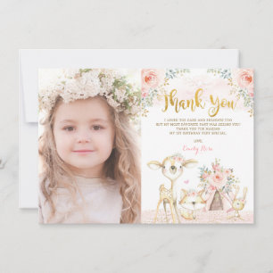 Carte De Remerciements Blush Floral Woodland Animaux sauvages 1er anniver
