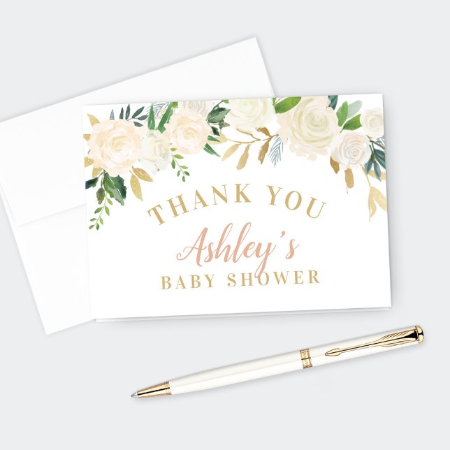 Carte De Remerciements Blush Gold et Green Floral Baby shower (Créateur téléchargé)