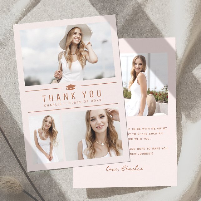 Carte De Remerciements Blush Modern Typographie Simple 4 Diplôme Photo (Blush Modern Simple Typography 4 Photo Graduation Thank You Card)