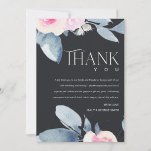 CARTE DE REMERCIEMENTS BLUSH NOIR FLEURS BLEUES 25ÈME ANNIVERSAIRE TOUTE 