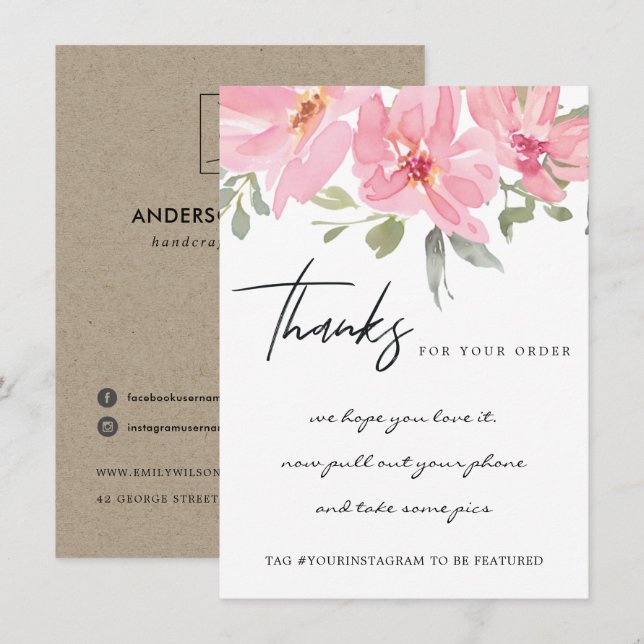 CARTE DE REMERCIEMENTS BLUSH PINK PEONT FLORAL ENTREPRISE LOGO (Devant / Derrière)