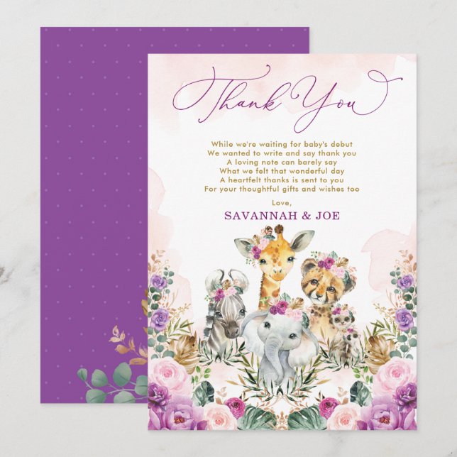 Carte De Remerciements Blush Purple Floral Jungle Safari Baby shower fill (Devant / Derrière)