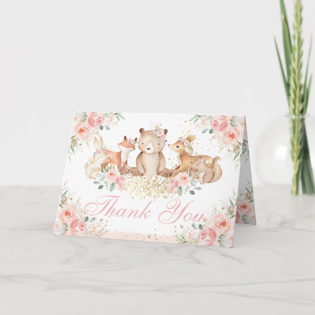 Carte De Remerciements Blush rose Floral Bois Animaux Tente pliée (Devant)