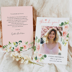 Carte De Remerciements Blush Rose Floral Girl Grad Graduation Photo