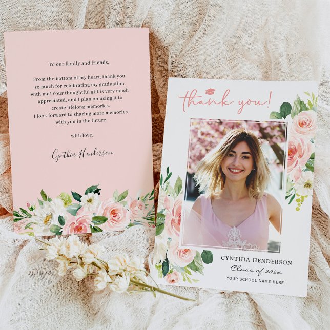 Carte De Remerciements Blush Rose Floral Girl Grad Graduation Photo (Créateur téléchargé)