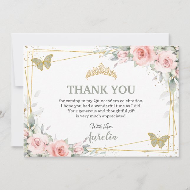 Carte De Remerciements Blush Rose Floral Sage Vert Papillon Quinceañera (Devant)