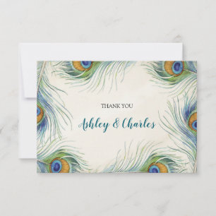 Carte De Remerciements Boheamian Peacock Feather Elegant Mariage Turquois
