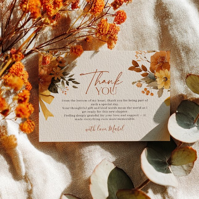 Carte De Remerciements Bohème Automne Aquarelle Fête des mariées rustique (Bohemian Fall Watercolor Rustic Bridal Shower Thank You Card)