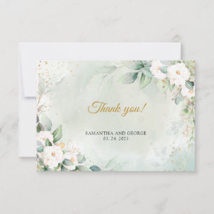 Carte De Remerciements Bohème blanc roses vert eucalyptus cadre or