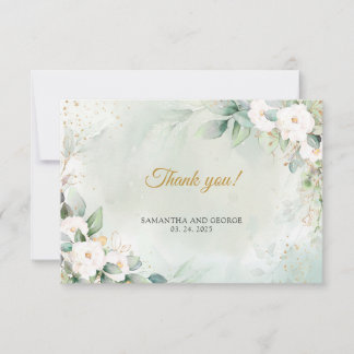 Carte De Remerciements Bohème blanc roses vert eucalyptus cadre or