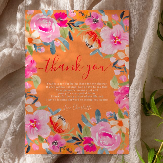 Carte De Remerciements Bohème fleuri audacieux aquarelle douche de mariag (Bohemian bold floral watercolor bridal shower thank you card on orange)