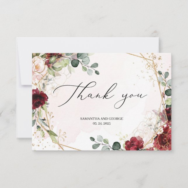Carte De Remerciements Bohemian Blush bordeaux or mariage géométrique (Devant)