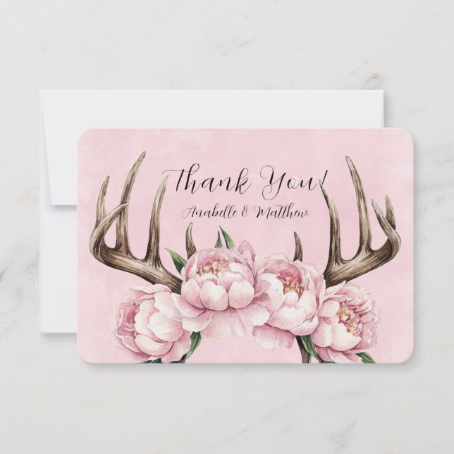 Carte De Remerciements Boho Antler avec Mariage Pink Peonies (Devant)