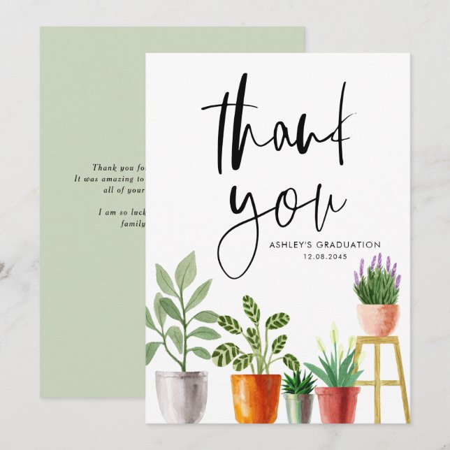 Carte De Remerciements Boho Aquarelle Poted Houseplants Graduation (Devant / Derrière)