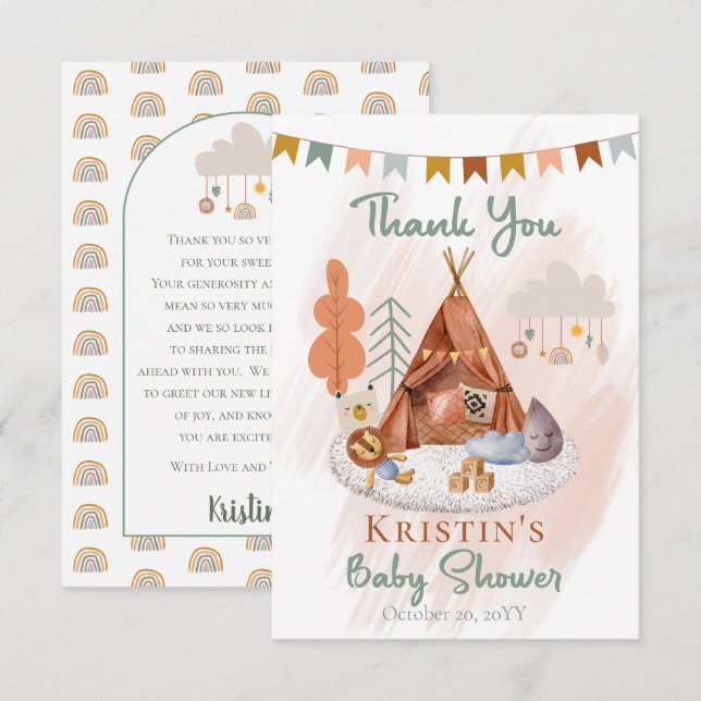 Carte De Remerciements Boho Baby Boy Teepee | Baby shower jouets (Devant / Derrière)