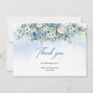Carte De Remerciements Boho bleu hydrangea et roses blanches eucalyptus