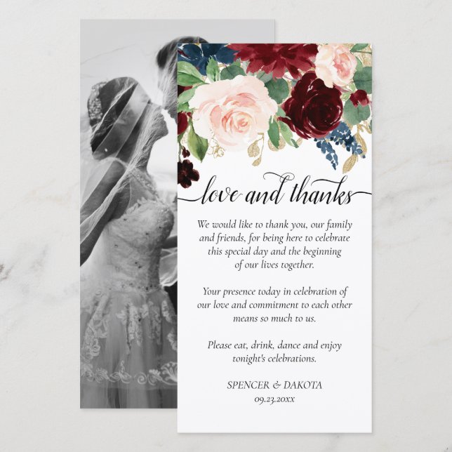 Carte De Remerciements Boho Bloom | Burgundy Navy Garland Photo Love and (Devant / Derrière)