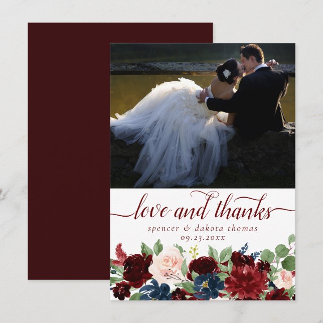 Carte De Remerciements Boho Bloom | Elegant Marsala Red Photo Love et (Devant / Derrière)