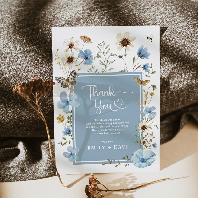 Carte De Remerciements Boho Blue Fleur sauvage Garden Baby shower garçon (Créateur téléchargé)
