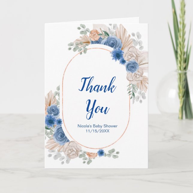 Carte De Remerciements Boho Blue Pampas Grass Baby shower (Devant)