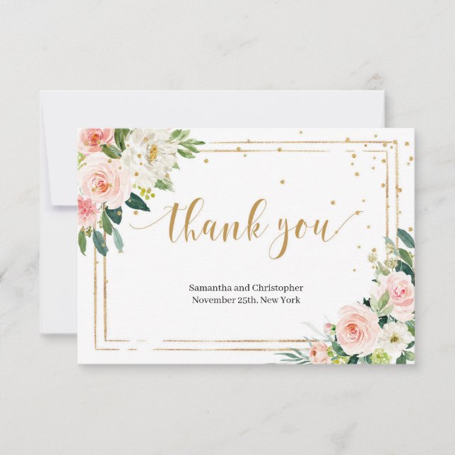 Carte De Remerciements Boho Blush rose Fleurs faux or cadre géométrique (Devant)
