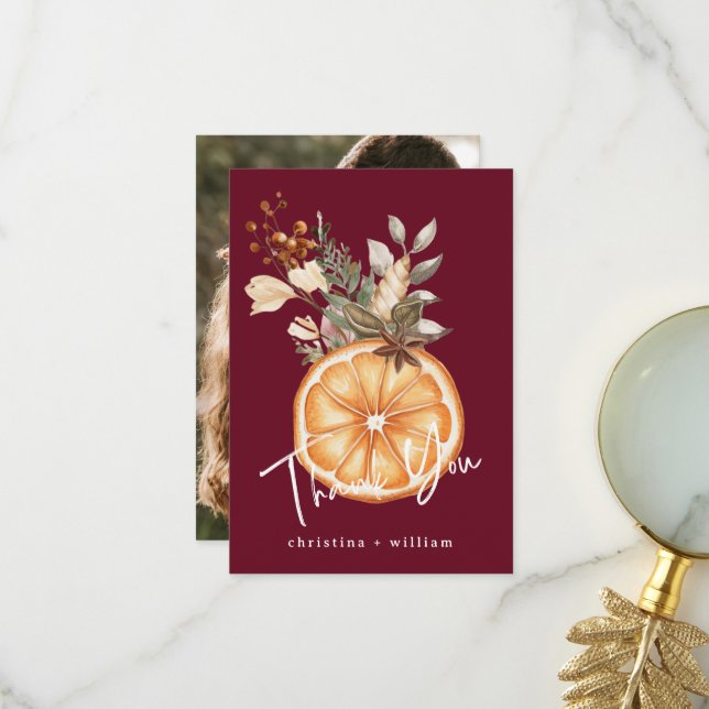 Carte De Remerciements Boho Bourgogne Vacances d'hiver Mariage séché Oran (Devant/Arrière en situation)