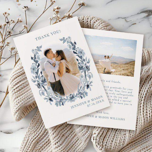 Carte De Remerciements Boho Chic Dusty Blue Grey Floral Mariage Photo (Créateur téléchargé)