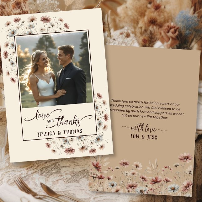 Carte De Remerciements Boho Chic Fleurs sauvages Love & Thanks Photo Mari (Front/Back)