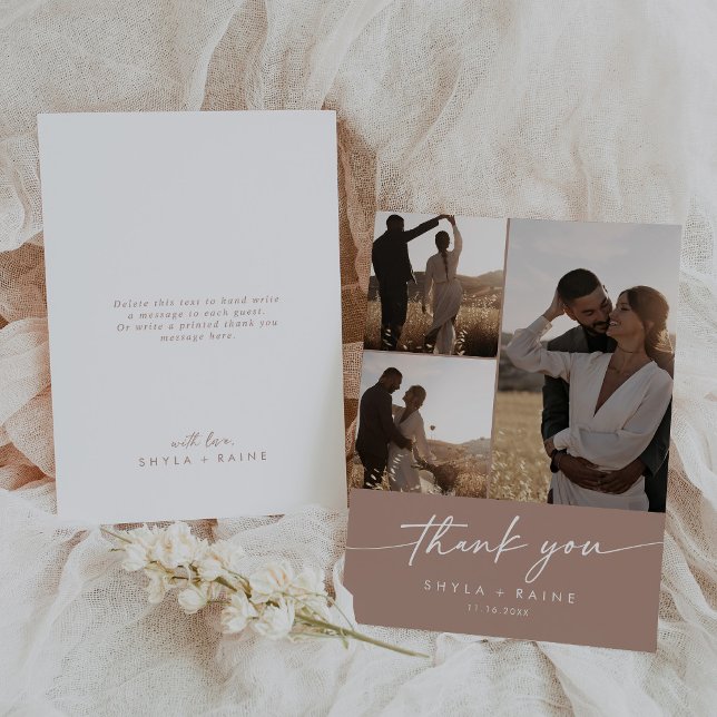Carte De Remerciements Boho Chic Neutral Taupe Mariage Photo Collage (Créateur téléchargé)