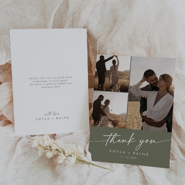 Carte De Remerciements Boho Chic Olive Green Mariage Photo Collage (Créateur téléchargé)
