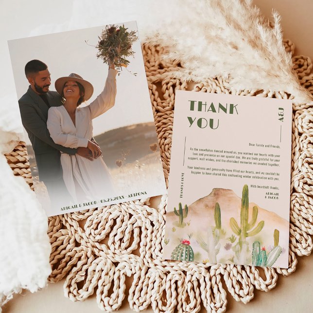 Carte De Remerciements Boho Desert Cactus Arizona Destination Mariage (Boho Desert Cactus Arizona Destination Wedding Thank You Card on pink sand)