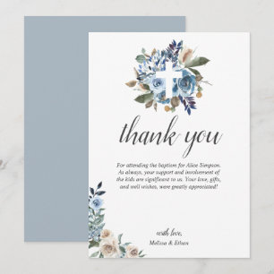 Carte De Remerciements Boho Dusty Blue Beige Fleurs Baptême
