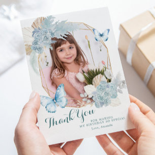 Carte De Remerciements Boho Dusty Blue Butterfly 1er anniversaire avec ph