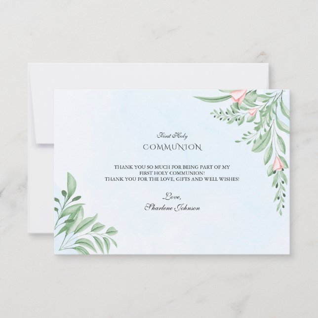 Carte De Remerciements Boho Dusty Blue Greenery Sainte Communion (Devant)