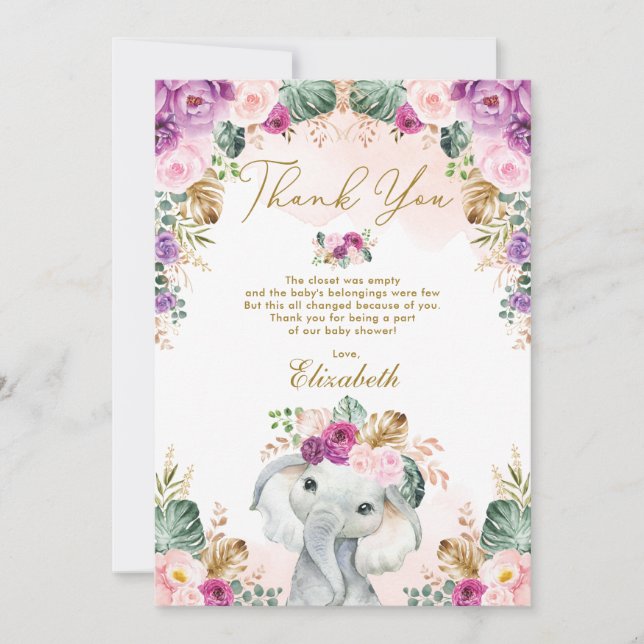 Carte De Remerciements Boho Elephant Blush rose violet Baby shower Floral (Devant)