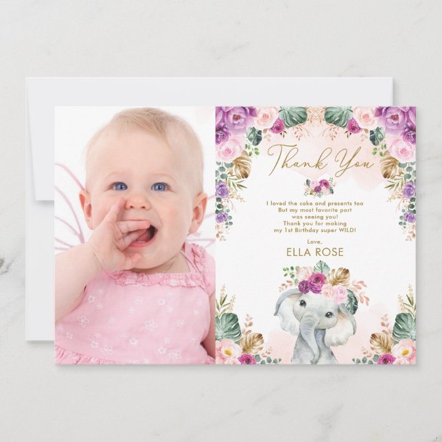 Carte De Remerciements Boho Elephant Girl rose violet fleuri Anniversaire (Devant)