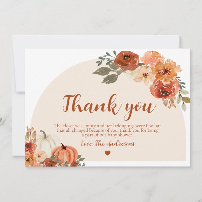 Carte De Remerciements Boho Fall Little Citrouille Automne Baby shower Fl (Devant)
