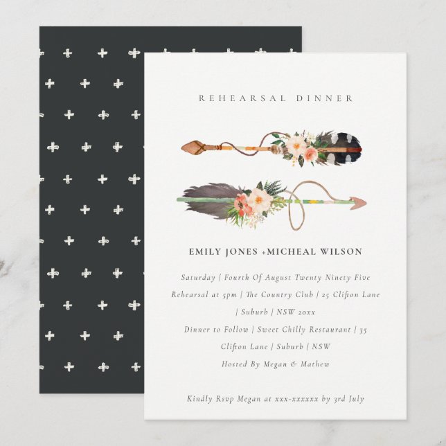 Carte De Remerciements Boho Feather Floral Flèche Répétition Dîner Invita (Devant / Derrière)