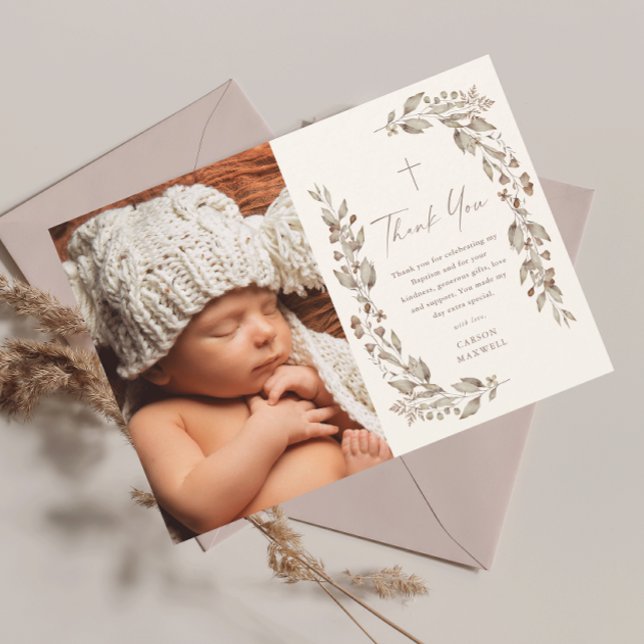 Carte De Remerciements Boho Fleur sauvage Genre Neutre Photo Baptême (Boho wildflower elegant ivory gender neutral photo baptism thank you card.)