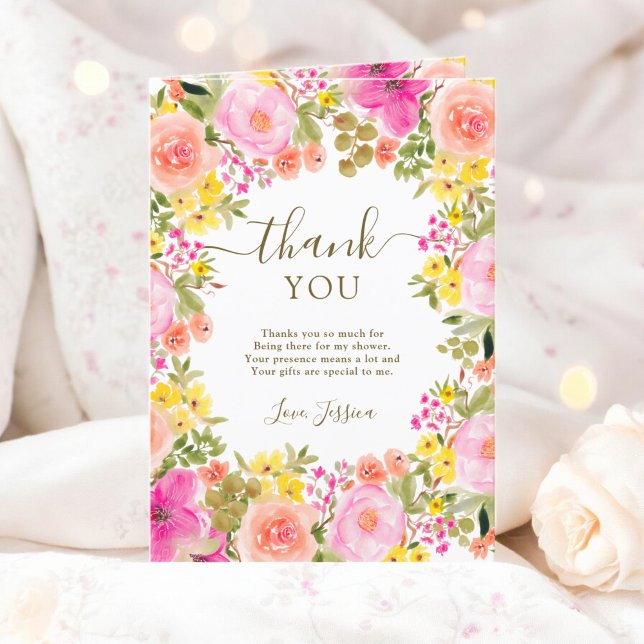 Carte De Remerciements Boho fleur sauvage jardin photo nage douche (Boho wild flowers garden photo bridal shower thank you card)
