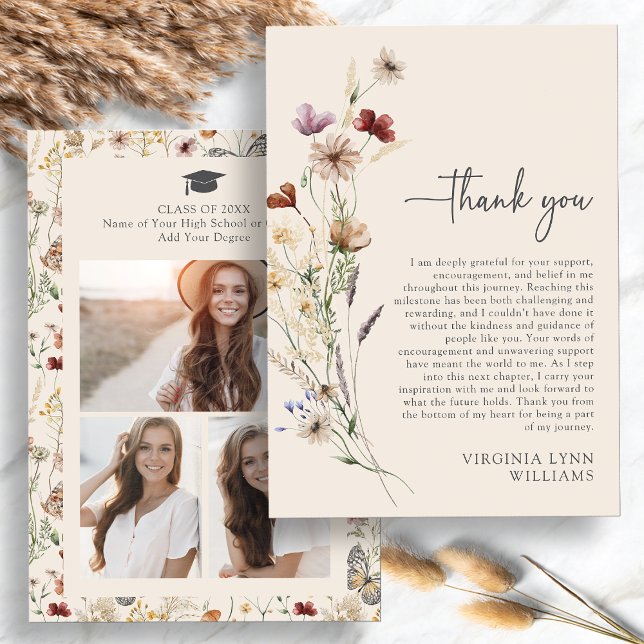 Carte De Remerciements Boho Fleur sauvage Photo Graduation (Boho Wildflower Photo Graduation Thank You Card by Painted Paperie
)