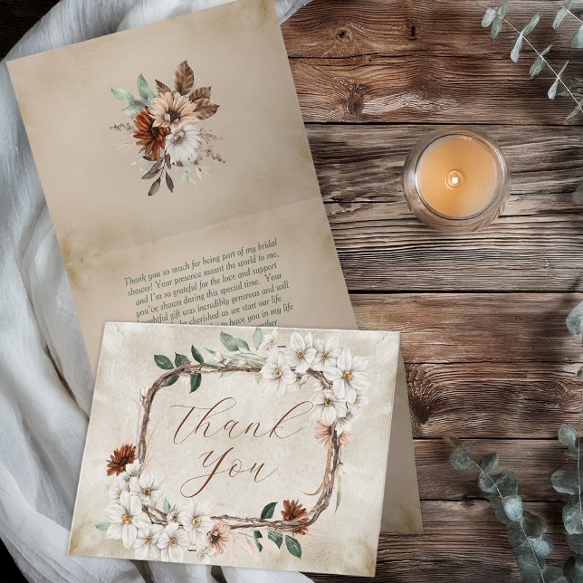 Carte De Remerciements Boho Fleurs Automnales Sombres Mariage Amoureux En (Boho Muted Fall Floral and Grapevine Wreath "Fall in Love" Bridal Shower Collection Thank You)