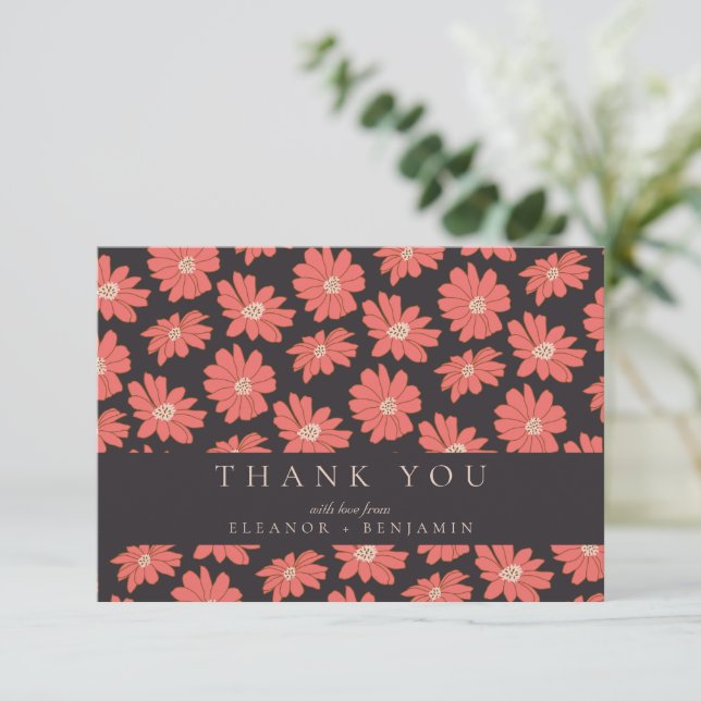 Carte De Remerciements Boho Fleurs Botaniques Noir Rouge Personnalisé Mar (Debout devant)