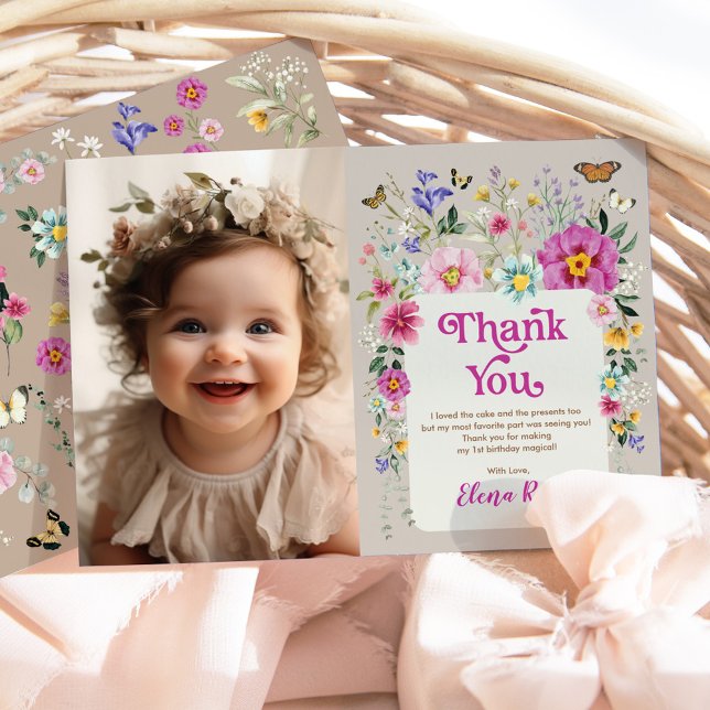 Carte De Remerciements Boho Fleurs brillantes Wild One Birthday Photo (Créateur téléchargé)