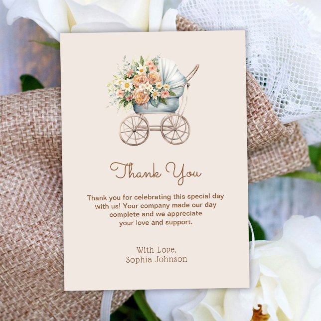 Carte De Remerciements Boho Floral Baby Carriage Baby shower (Créateur téléchargé)