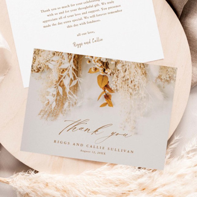 Carte De Remerciements Boho Floral Élégant Mariage Script (Elegant dried floral boho script wedding thank you cards.)