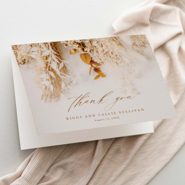 Carte De Remerciements Boho Floral Élégant Mariage Script (Elegant dried floral boho script wedding thank you cards.)