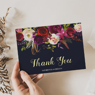 Carte De Remerciements Boho Floral Marine Marsala Mariage de automne Merc